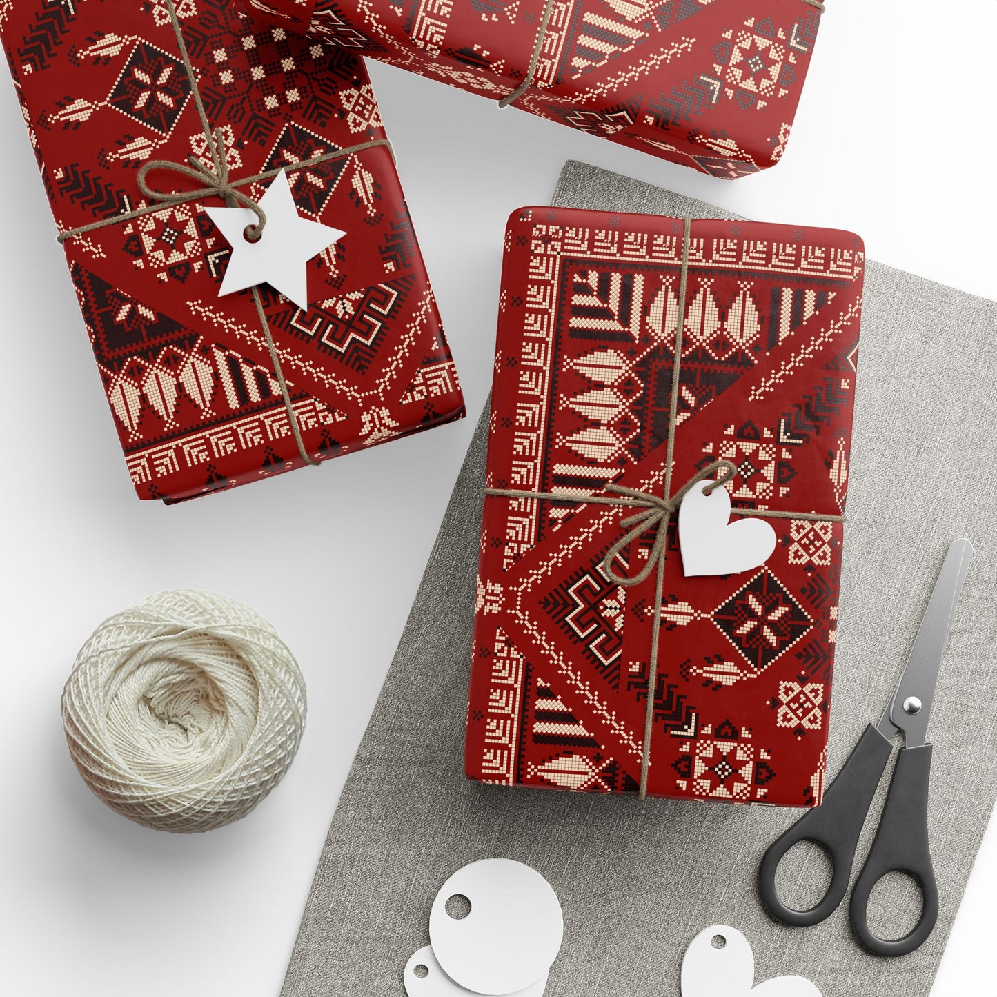 Red Tatreez Palestinian Style Gift Wrapping Paper – Traditional Embroidery Pattern for Eid, Ramadan & Special Occasions