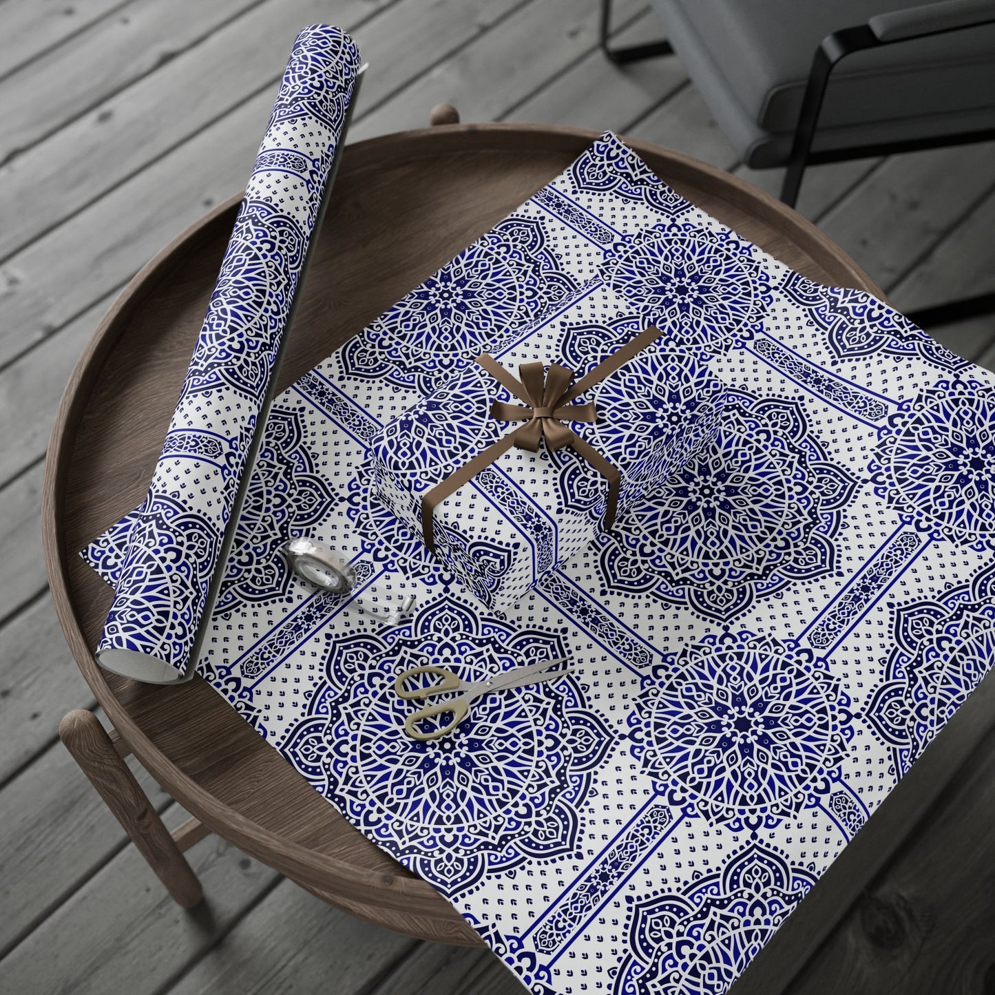 Islamic Mandala Gift Wrapping Paper – Elegant Blue & White Arabesque Design for Eid, Ramadan & Special Occasions