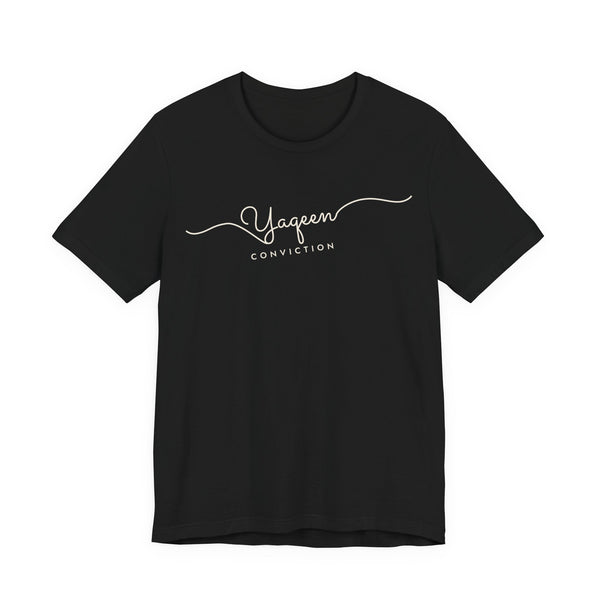 Yaqeen Fine Line Script Islamic Unisex T-Shirt in Black – AdabStars