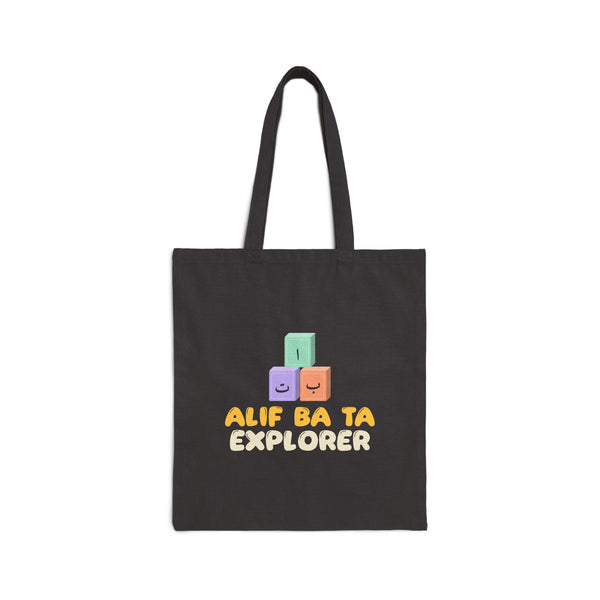 Alif Ba Ta Explorer Canvas Tote Bag in Black, one-sided print – AdabStars