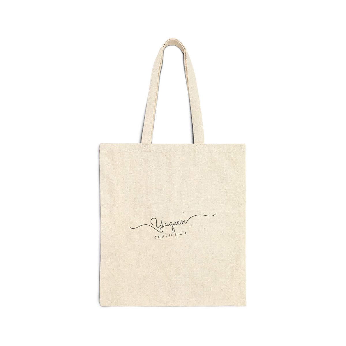 Yaqeen Fine Line Script Islamic Canvas Tote Bag in Natural, double-sided print – AdabStars