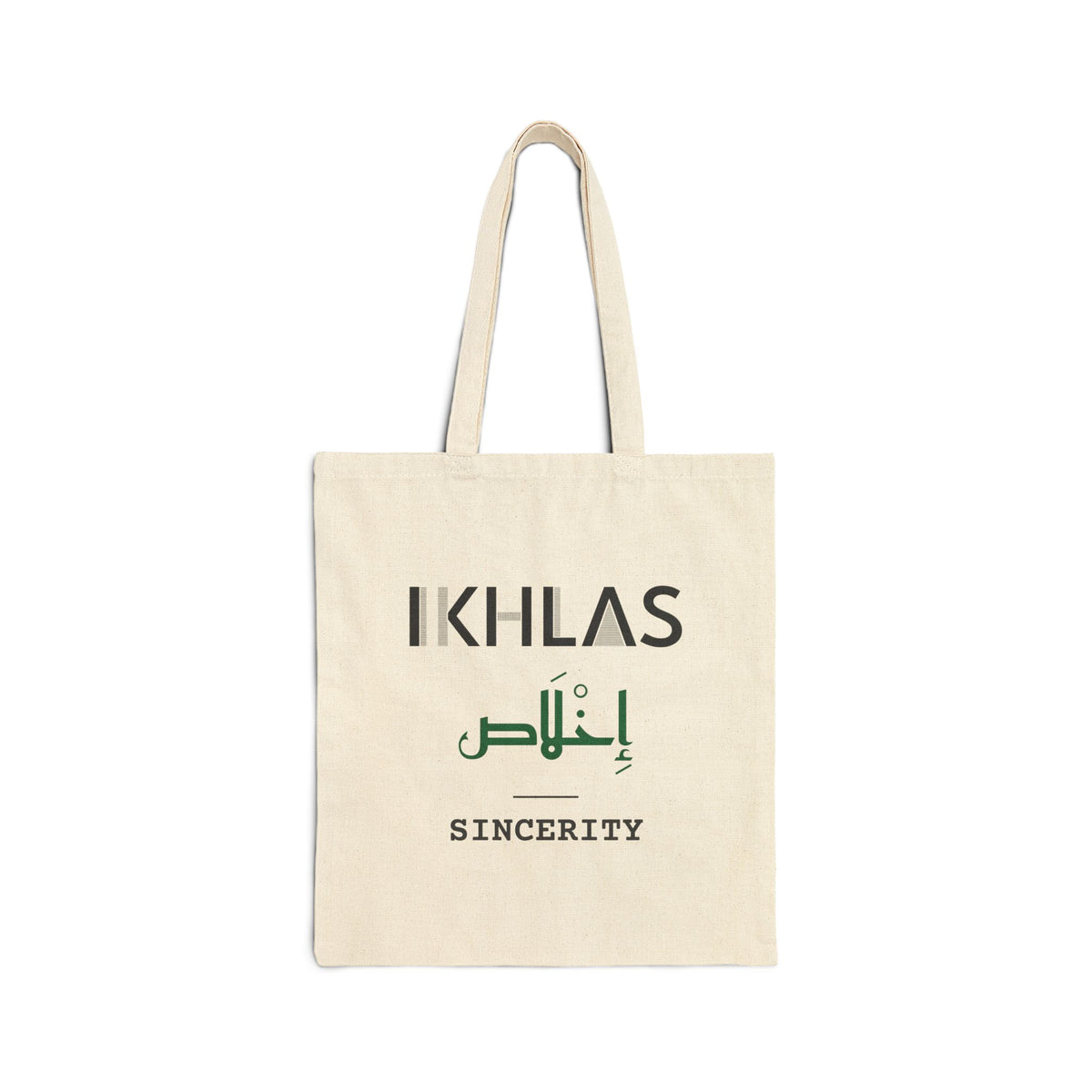 Ikhlas Dual Language with English Meaning Islamic Canvas Tote Bag in Natural, double-sided print – AdabStars