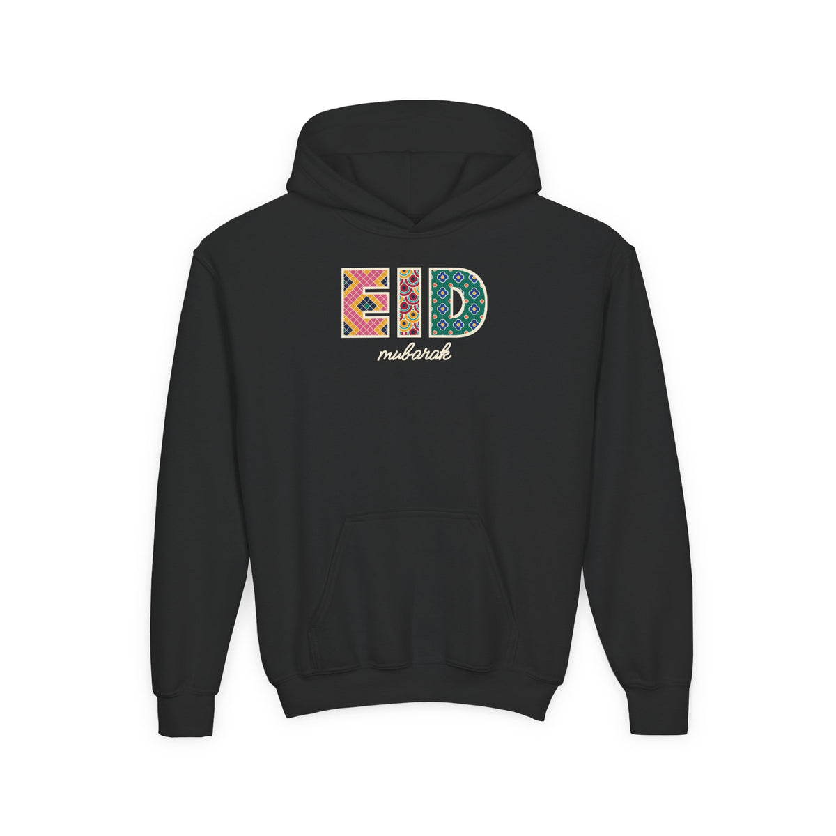 Eid Mubarak Patterned Letters Kids Hoodie in Black – AdabStars