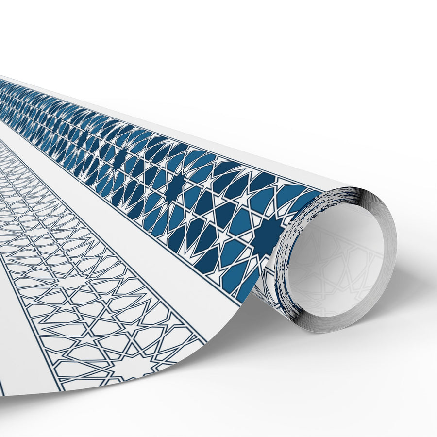 Islamic Geometric Border Wrapping Paper – Blue & White Arabesque Tile Pattern for Eid, Ramadan, & Special Occasions