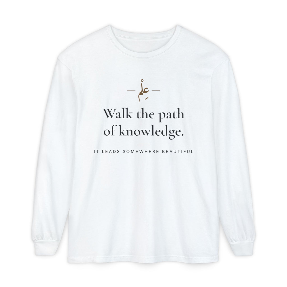 Walk the path of knowledge Islamic Heavyweight Long Sleeve Shirt in White, front and back print – AdabStars