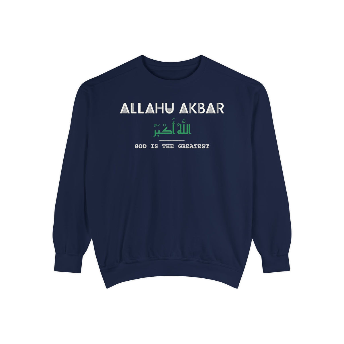 Allahu Akbar Dual Language with English Meaning Islamic Premium Sweatshirt in True Navy – AdabStars