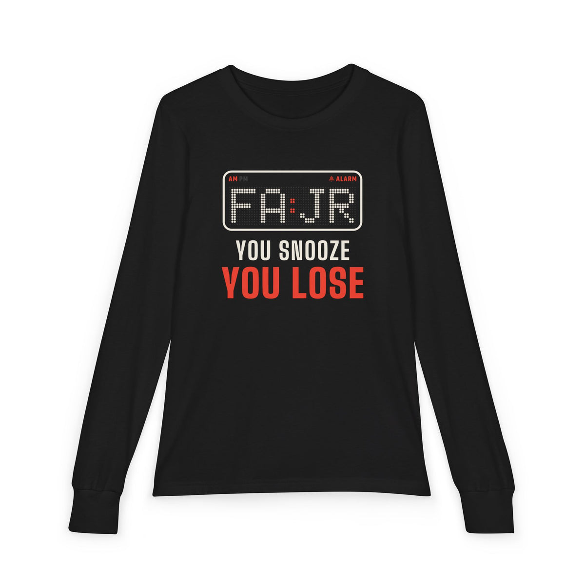 Fajr You Snooze You Lose Islamic Kids Kids Long Sleeve Shirt in Black, front and back print – AdabStars