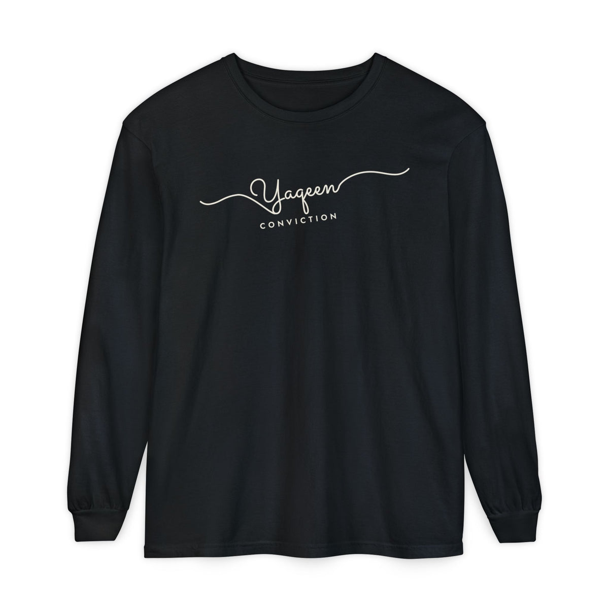 Yaqeen Fine Line Script Islamic Heavyweight Long Sleeve Shirt in Black – AdabStars