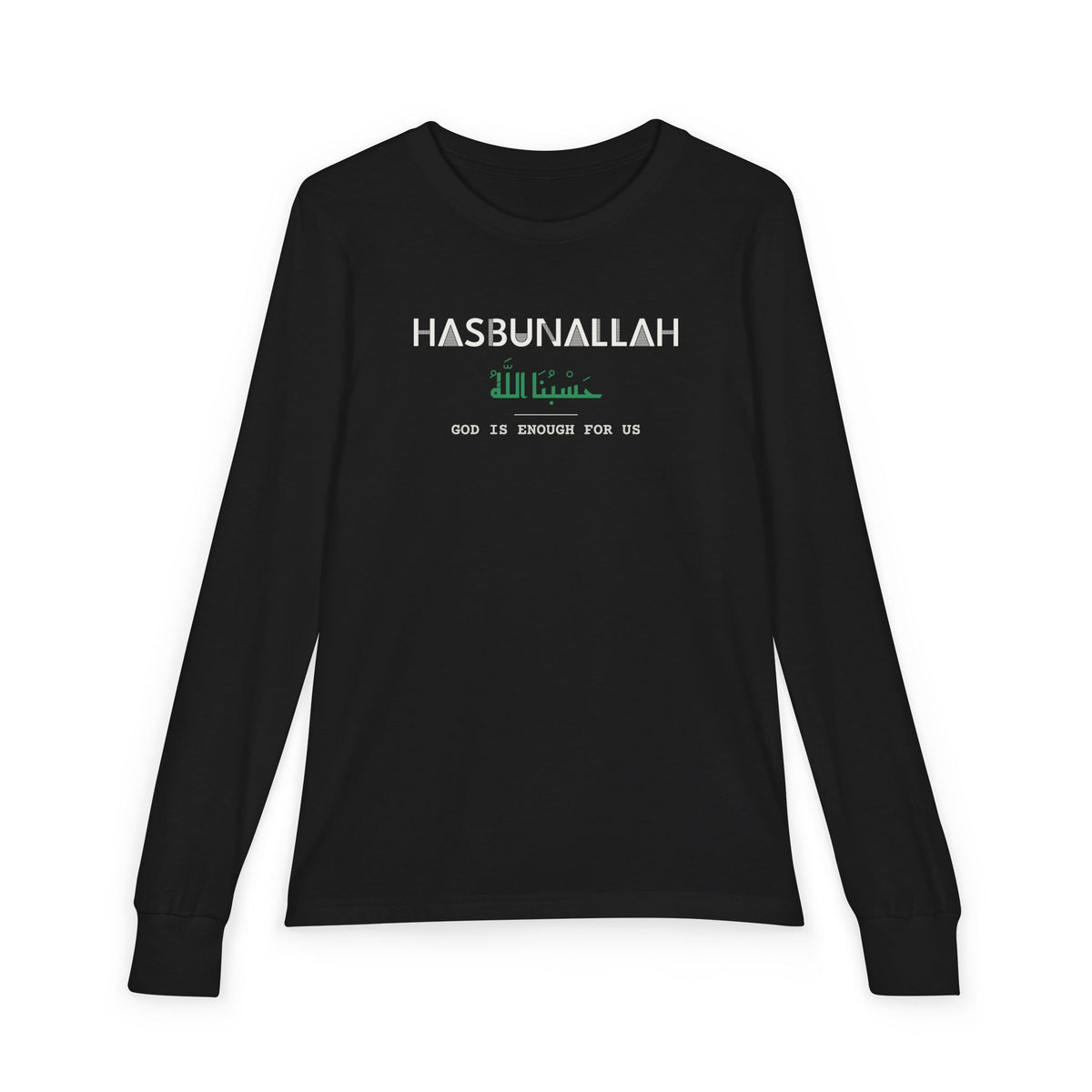 Hasbunallah Dual Language with English Meaning Islamic Kids Kids Long Sleeve Shirt in Black – AdabStars