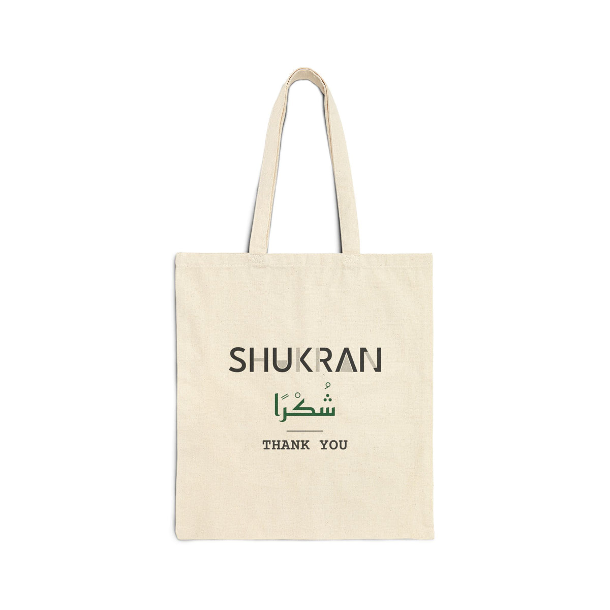 Shukran Dual Language with English Meaning Islamic Canvas Tote Bag in Natural, one-sided print – AdabStars