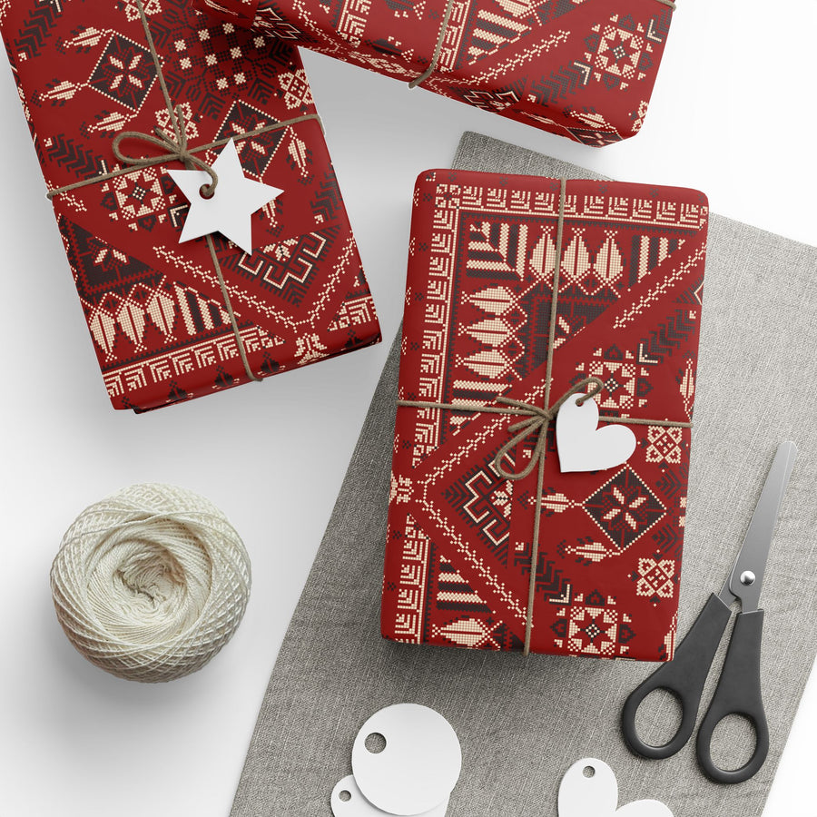 Red Tatreez Palestinian Style Gift Wrapping Paper – Traditional Embroidery Pattern for Eid, Ramadan & Special Occasions