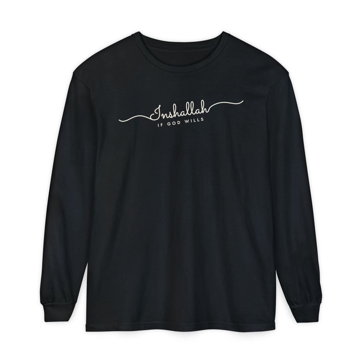 Inshallah Fine Line Script Islamic Heavyweight Long Sleeve Shirt in Black – AdabStars