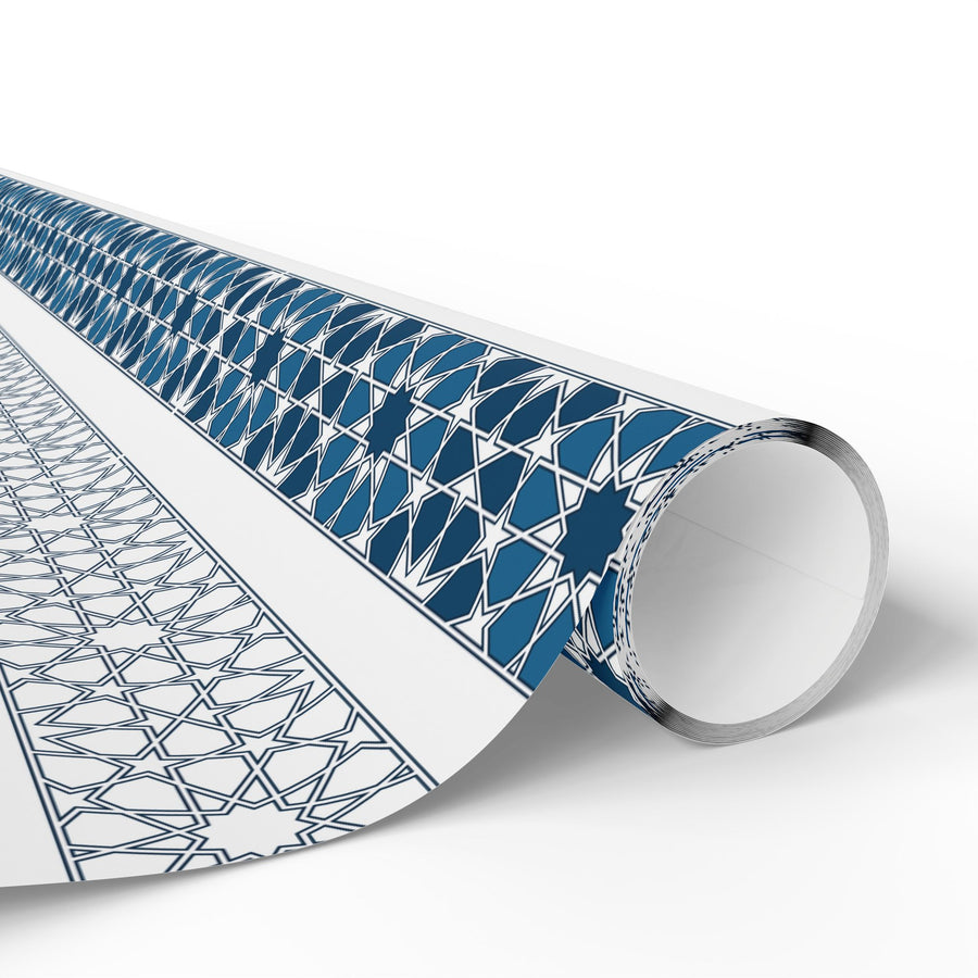 Islamic Geometric Border Wrapping Paper – Blue & White Arabesque Tile Pattern for Eid, Ramadan, & Special Occasions