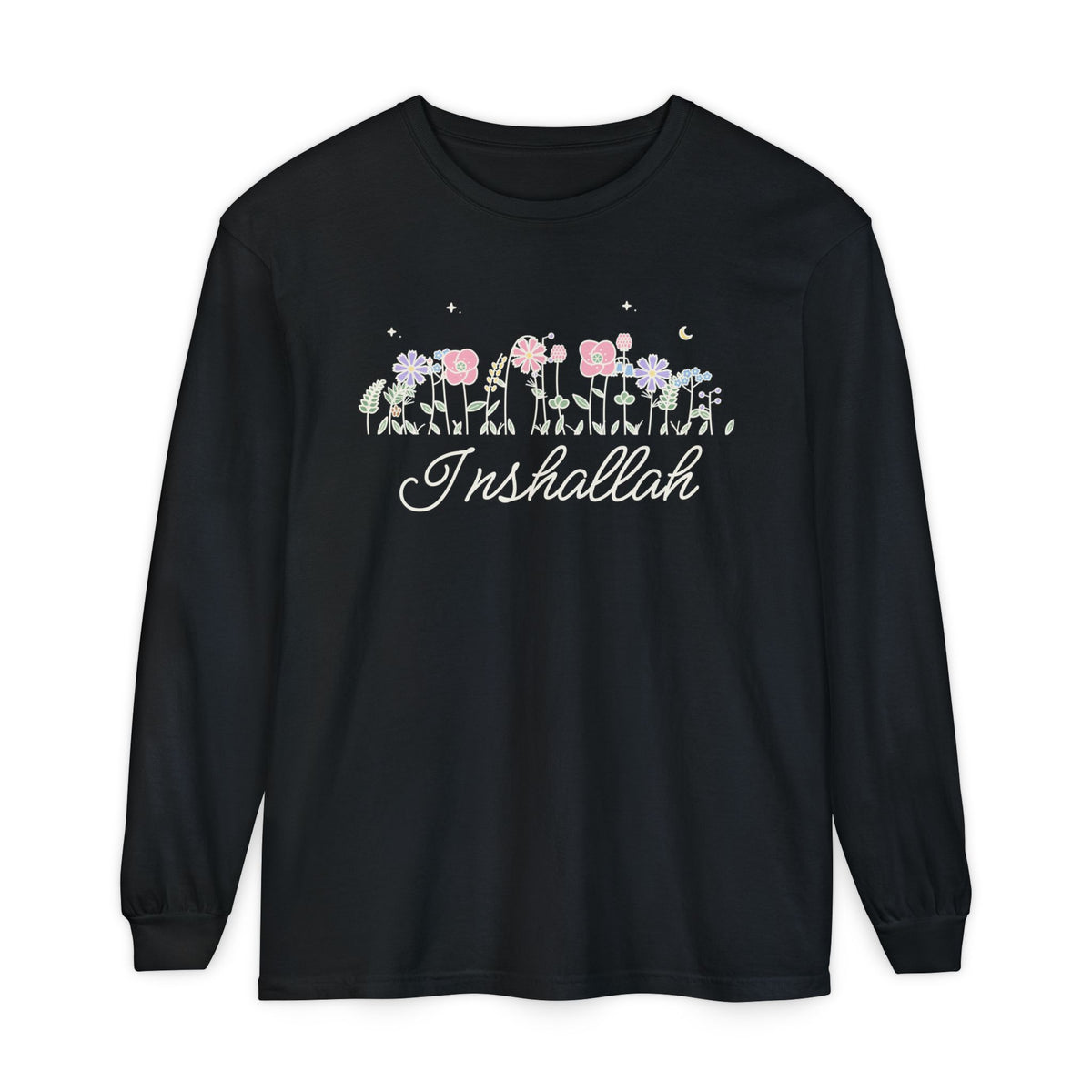Inshallah Meadow Flowers Islamic Heavyweight Long Sleeve Shirt in Black – AdabStars