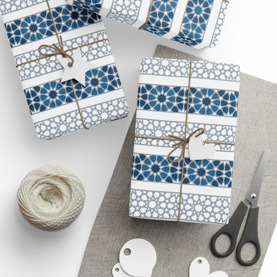 Islamic Geometric Border Wrapping Paper – Blue & White Arabesque Tile Pattern for Eid, Ramadan, & Special Occasions