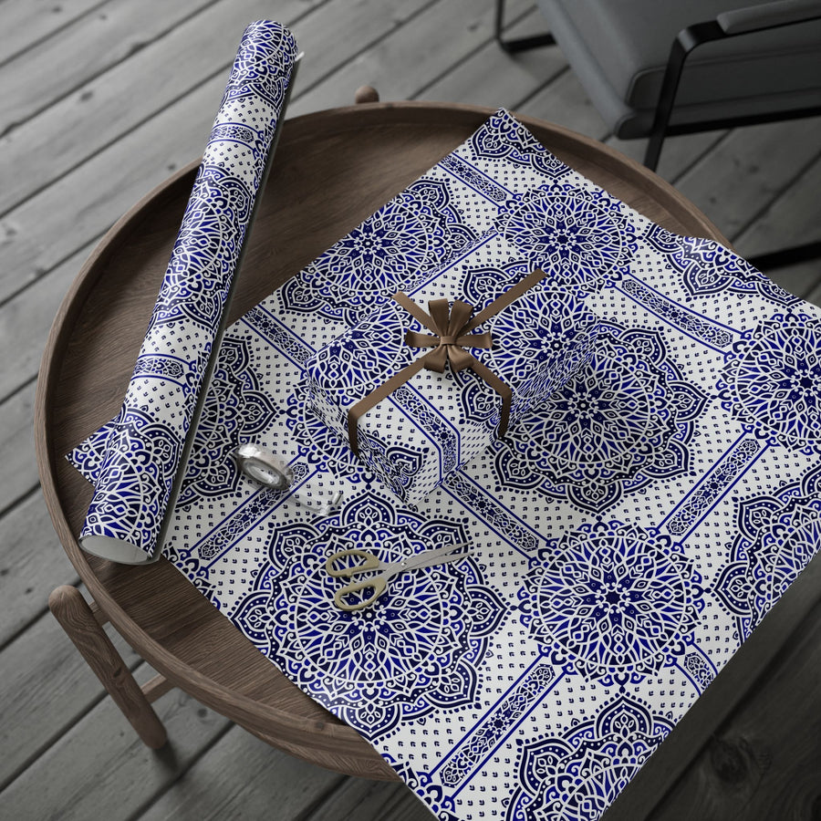 Islamic Mandala Gift Wrapping Paper – Elegant Blue & White Arabesque Design for Eid, Ramadan & Special Occasions