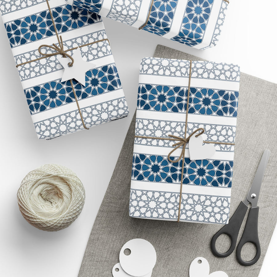 Islamic Geometric Border Wrapping Paper – Blue & White Arabesque Tile Pattern for Eid, Ramadan, & Special Occasions