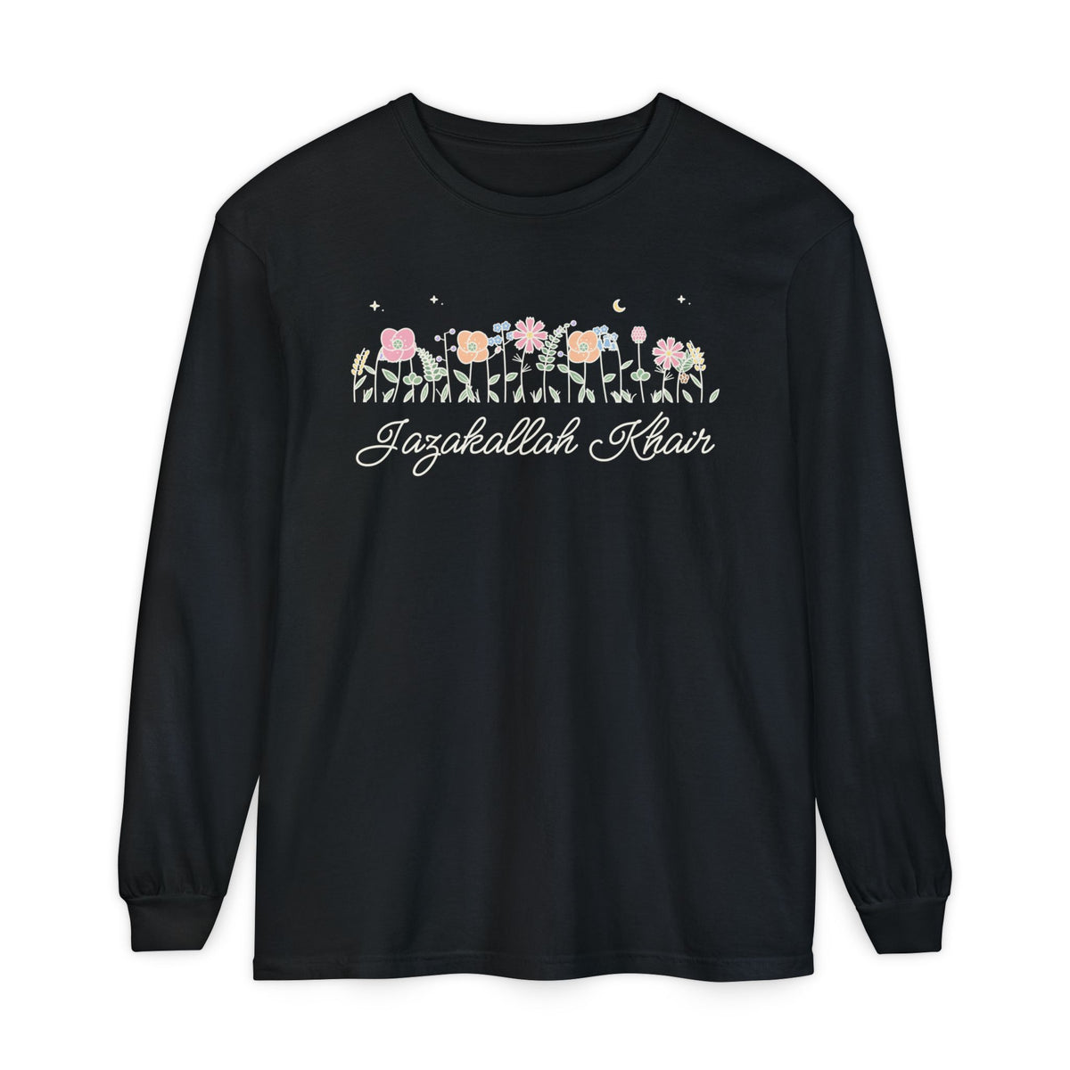 Jazakallah Khair Meadow Flowers Islamic Heavyweight Long Sleeve Shirt in Black – AdabStars