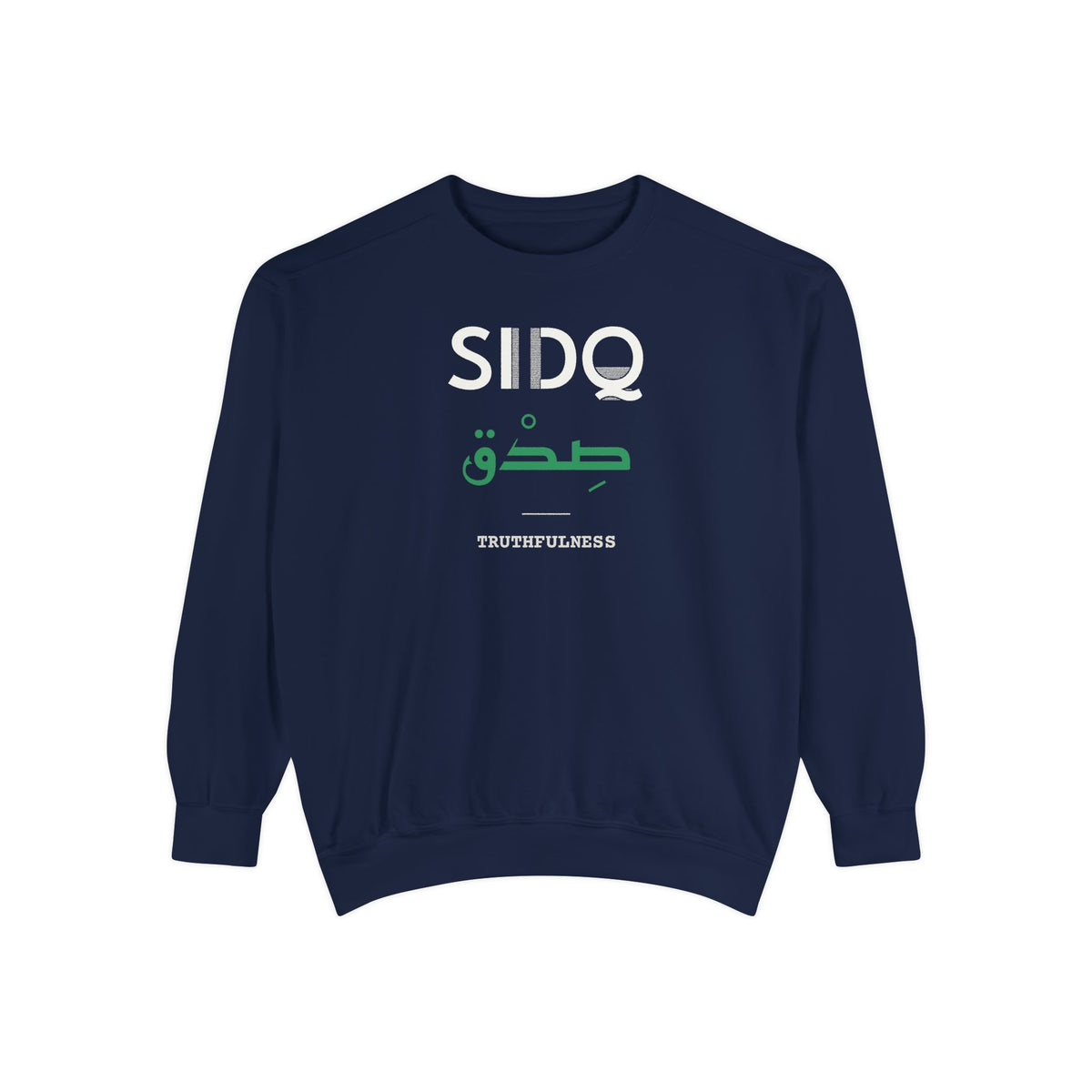 Sidq Dual Language with English Meaning Islamic Premium Sweatshirt in True Navy – AdabStars