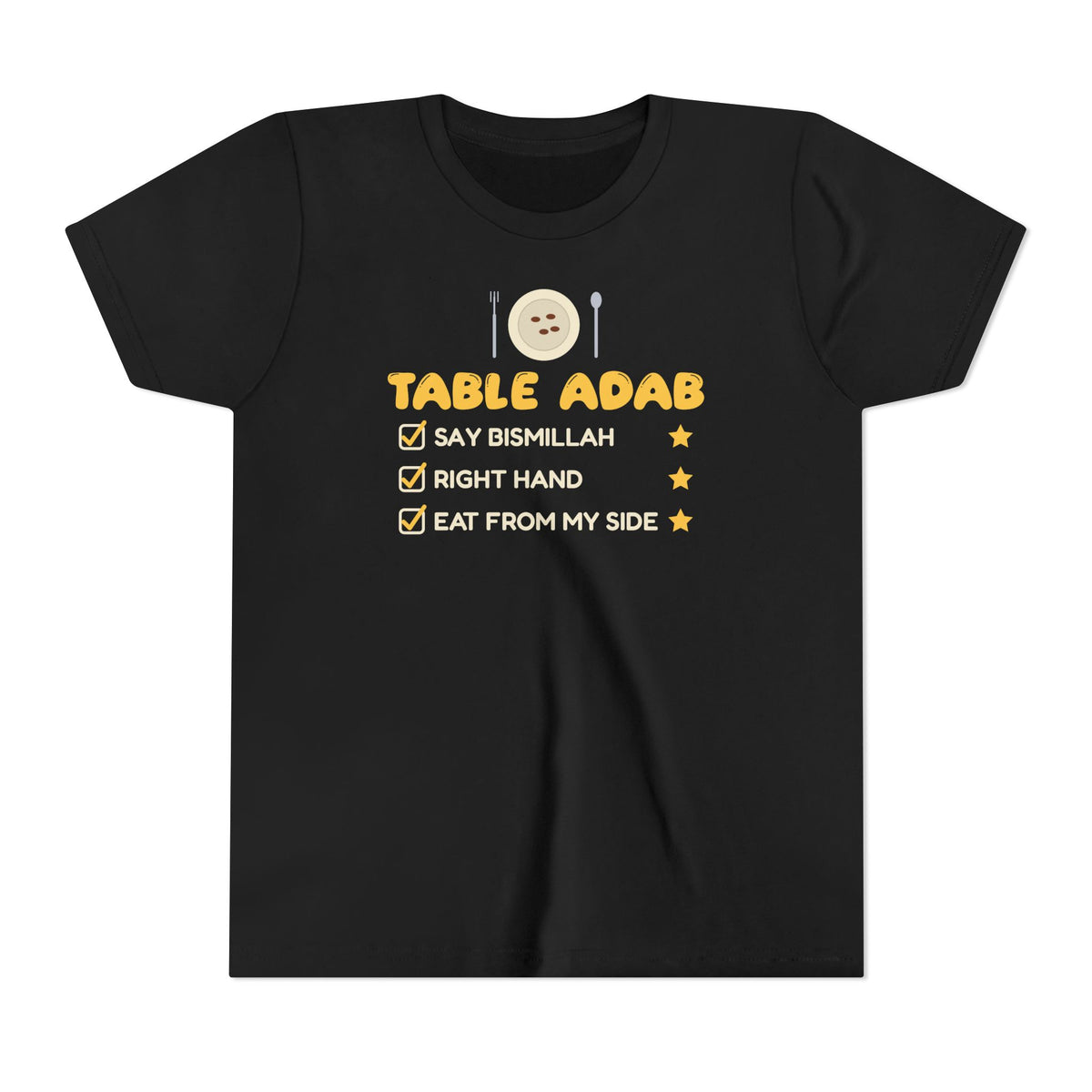 Table Adab Ramadan Kids Tee | Kids Islamic Eating Manners Bismillah Right Hand | AdabStars Islamic Kids Apparel