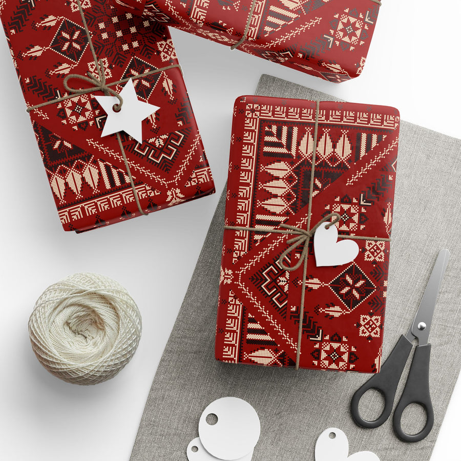 Red Tatreez Palestinian Style Gift Wrapping Paper – Traditional Embroidery Pattern for Eid, Ramadan & Special Occasions