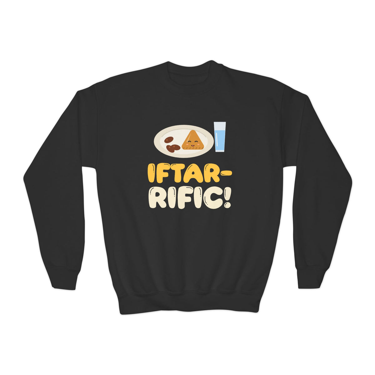 Iftar-Rific! Kids Sweatshirt | Rific Ramadan Kids Plate Samosa Dates Water Pun Sunset | AdabStars Islamic Kids Apparel