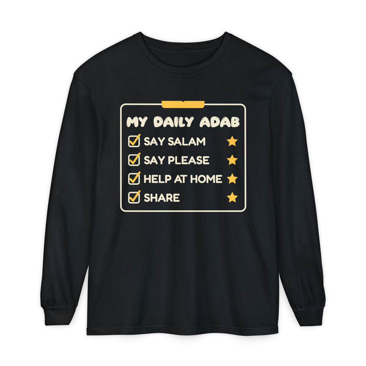 My Daily Adab Ramadan Long Sleeve Shirt | Checklist Kids Islamic Manners Salam Share | AdabStars Islamic Kids Apparel