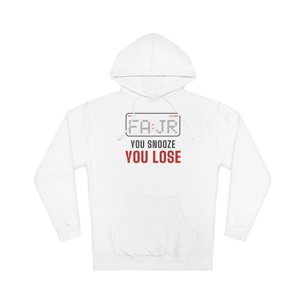 Fajr You Snooze You Lose Islamic Hoodie in White, front and back print – AdabStars