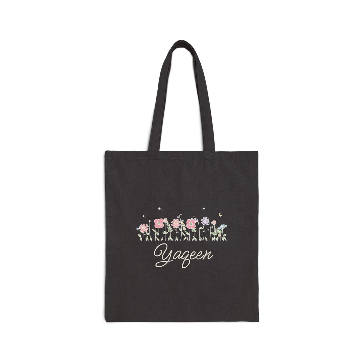 Yaqeen Meadow Flowers Canvas Tote Bag in Black, double-sided print – AdabStars