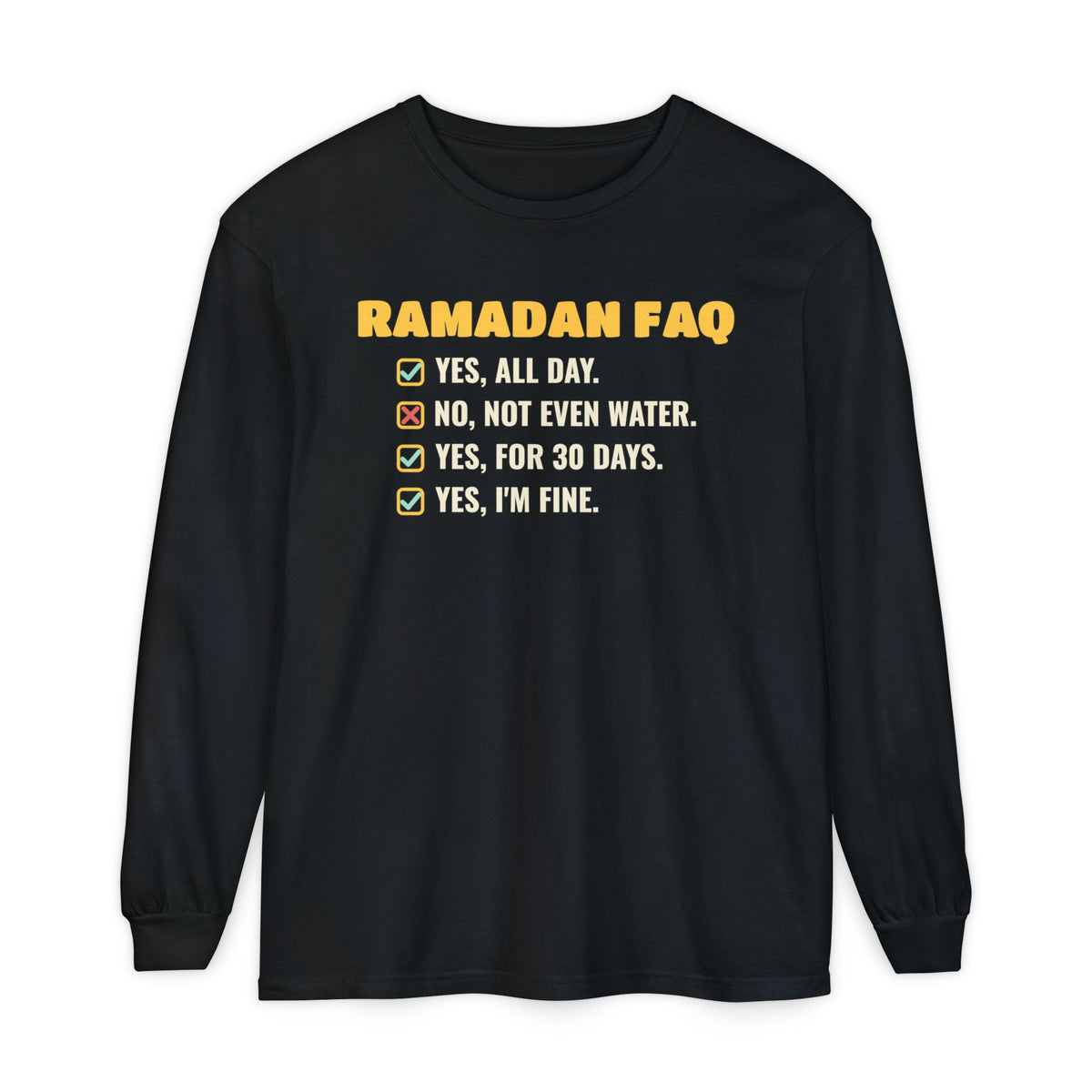 Ramadan FAQ Long Sleeve Shirt | Funny Fasting Answers Muslim Coworker Questions | AdabStars Islamic Apparel