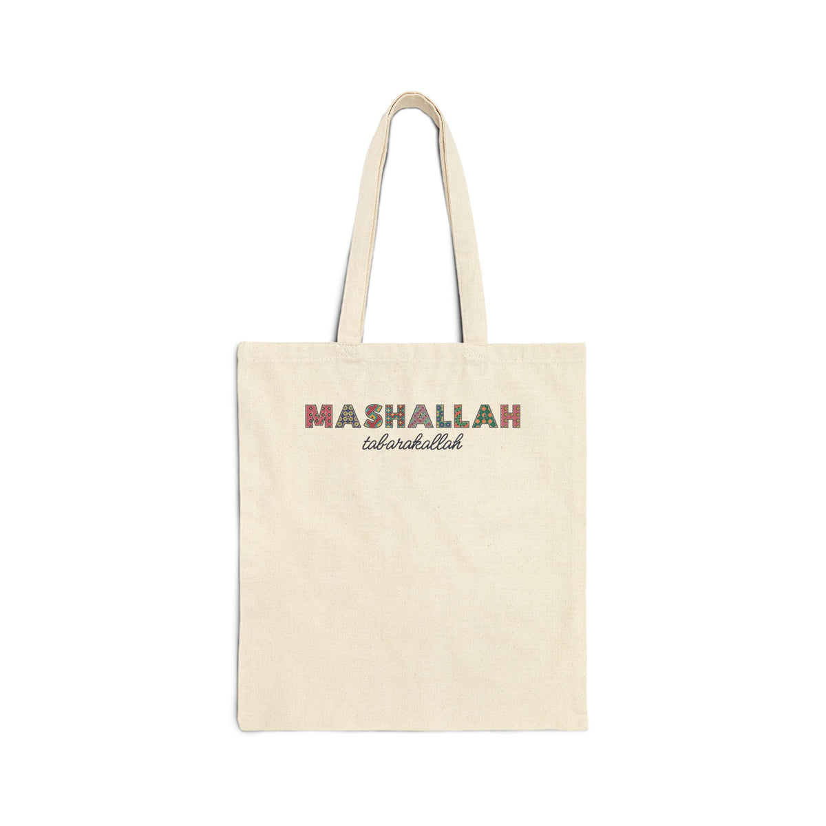 Mashallah Patterned Letters Islamic Canvas Tote Bag in Natural, double-sided print – AdabStars