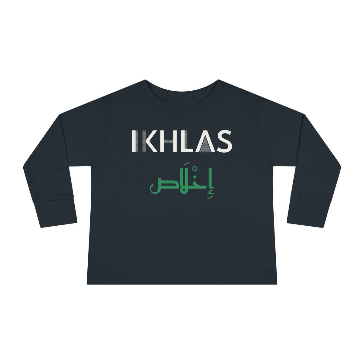 Ikhlas Dual Language Islamic Toddler Toddler Long Sleeve Shirt in Black – AdabStars