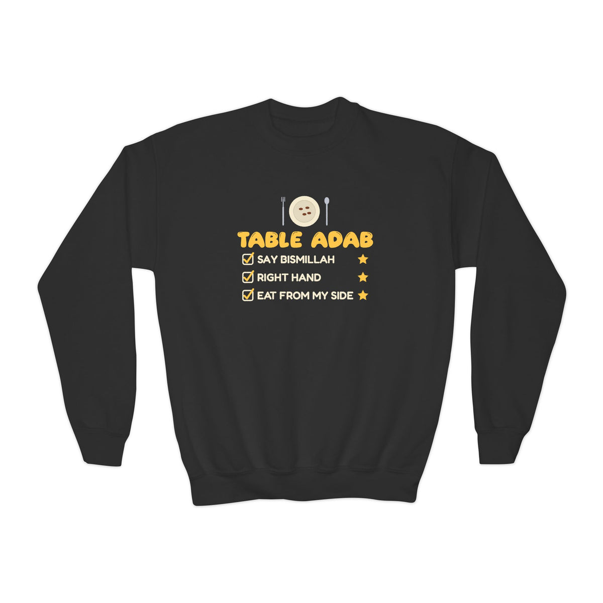 Table Adab Ramadan Kids Sweatshirt | Kids Islamic Eating Manners Bismillah Right Hand | AdabStars Islamic Kids Apparel