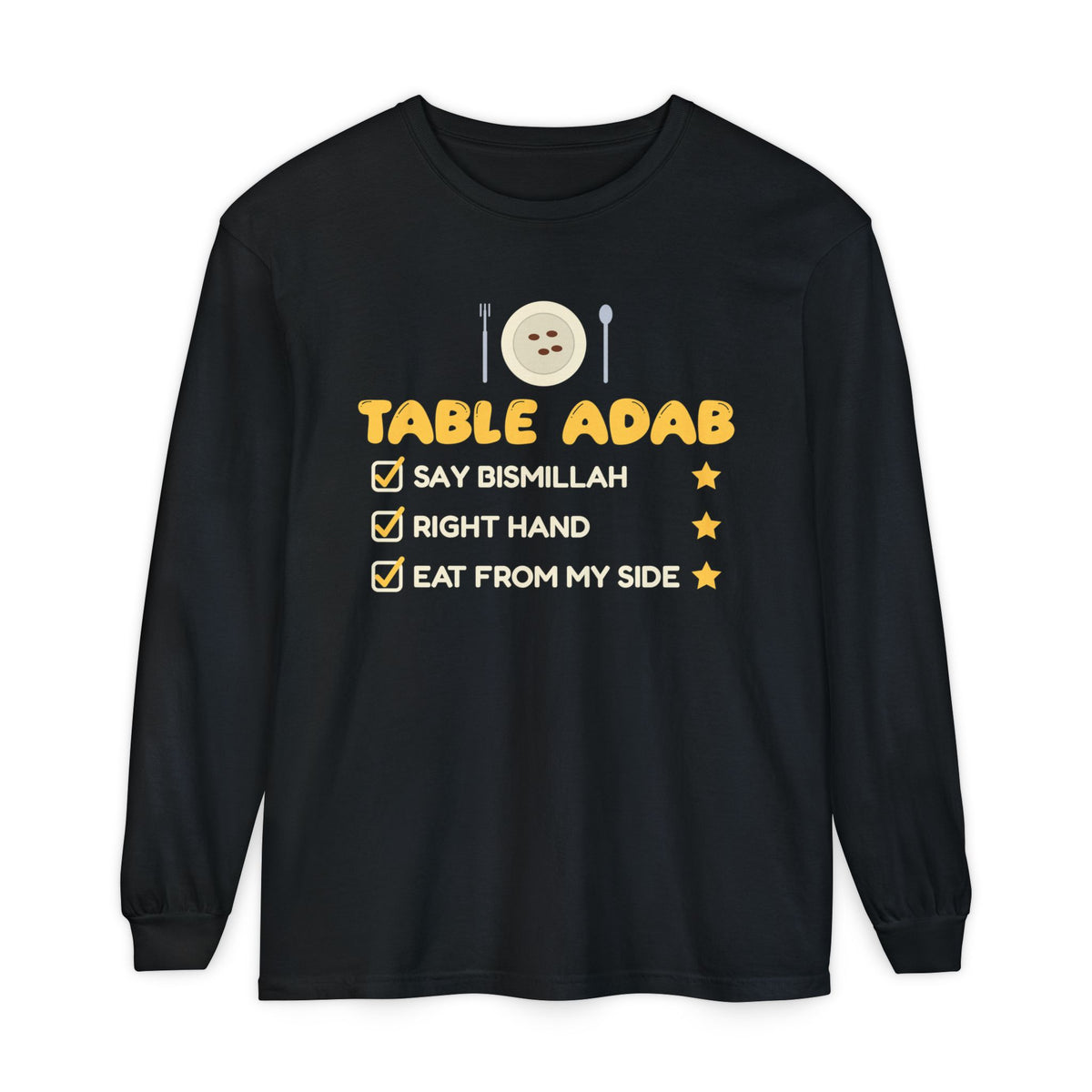 Table Adab Ramadan Long Sleeve Shirt | Kids Islamic Eating Manners Bismillah Right Hand | AdabStars Islamic Kids Apparel
