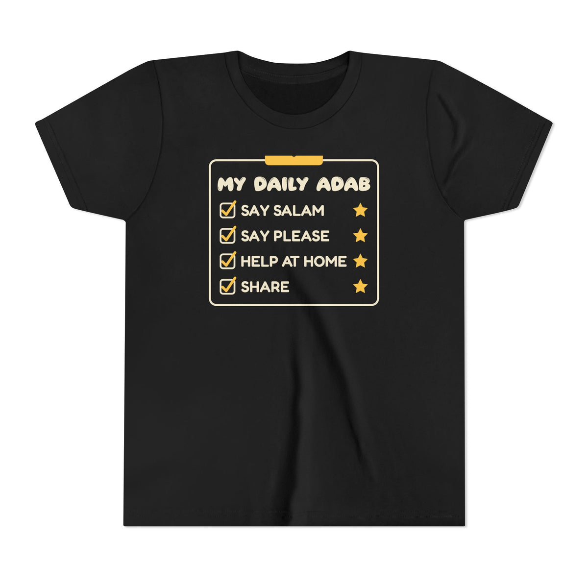 My Daily Adab Ramadan Kids Tee | Checklist Kids Islamic Manners Salam Share | AdabStars Islamic Kids Apparel