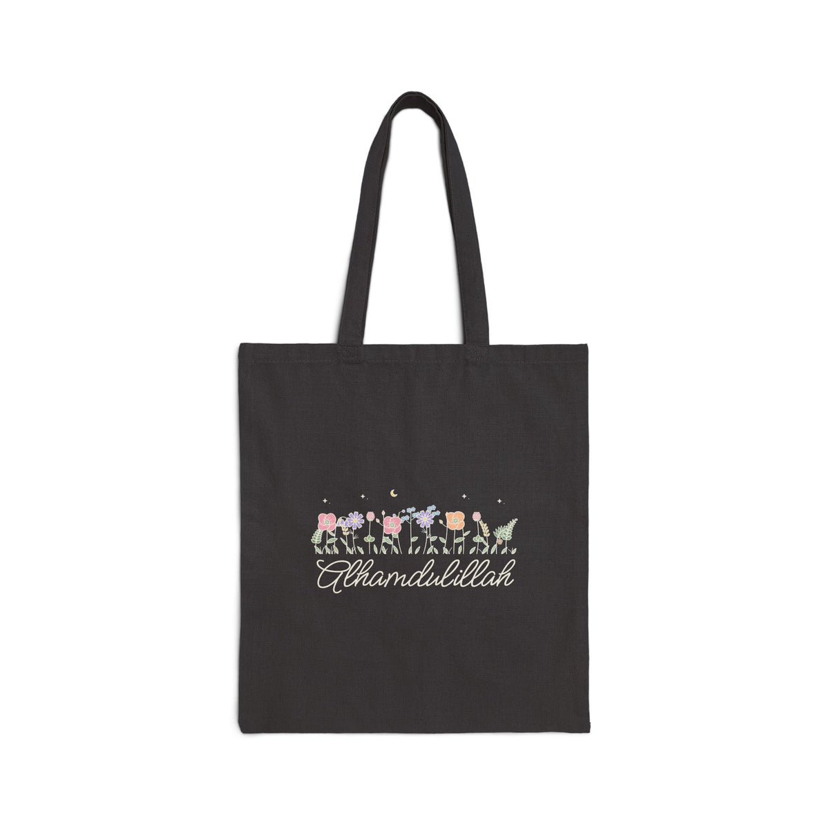 Alhamdulillah Meadow Flowers Islamic Canvas Tote Bag in Black, double-sided print – AdabStars