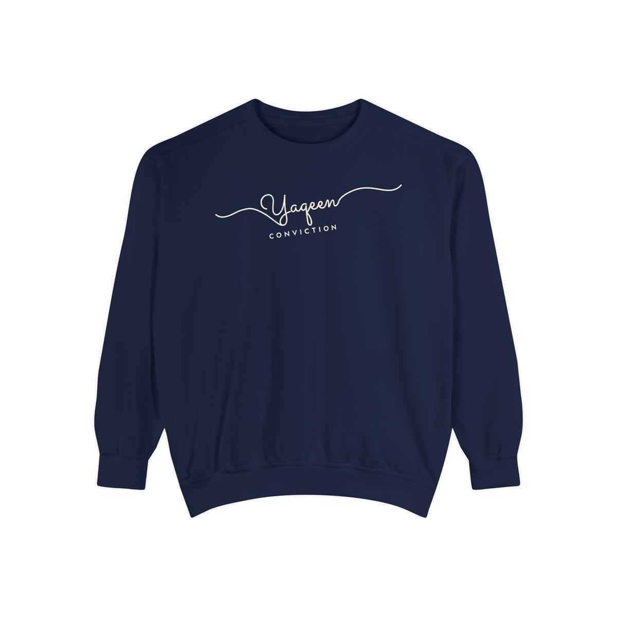 Yaqeen Fine Line Script Islamic Premium Sweatshirt in True Navy – AdabStars