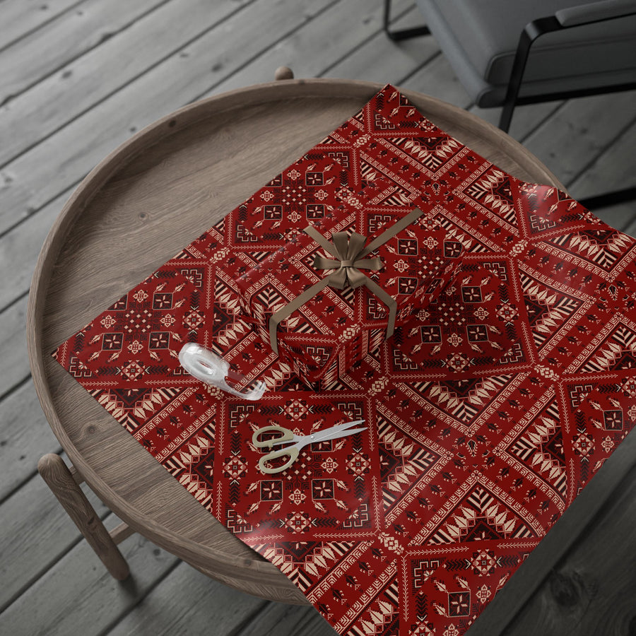 Red Tatreez Palestinian Style Gift Wrapping Paper – Traditional Embroidery Pattern for Eid, Ramadan & Special Occasions