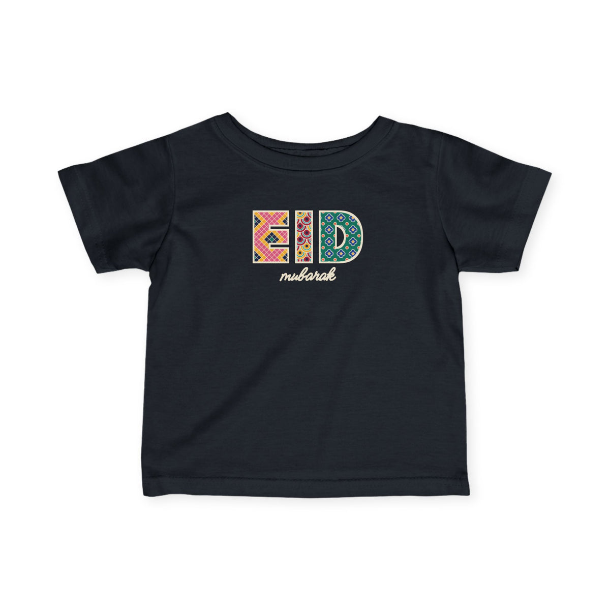 Eid Mubarak Patterned Letters Baby T-Shirt in Black – AdabStars