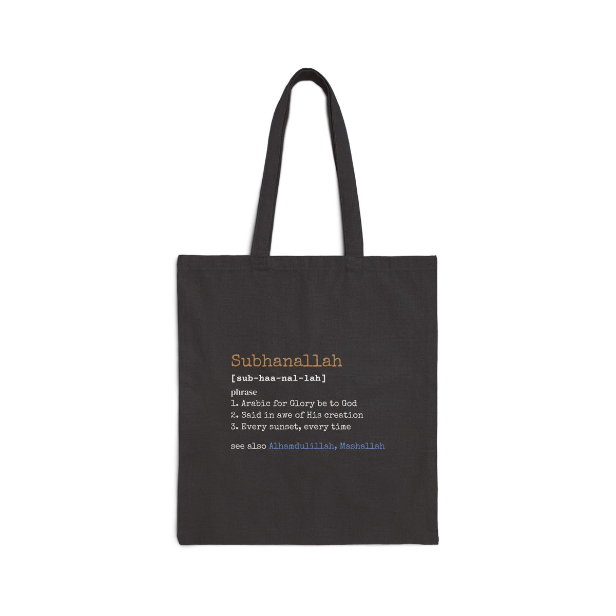 Subhanallah Definition Canvas Tote Bag in Black, double-sided print – AdabStars