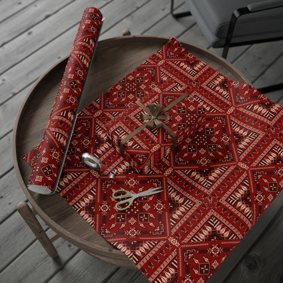 Red Tatreez Palestinian Style Gift Wrapping Paper – Traditional Embroidery Pattern for Eid, Ramadan & Special Occasions