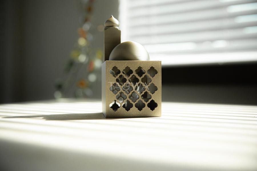 Trellis Oasis Lantern | Modern Mini Masjid Lantern with Dome and Minaret Lid | Ramadan Decor | Simplistic Islamic Home Decor | White & Gold