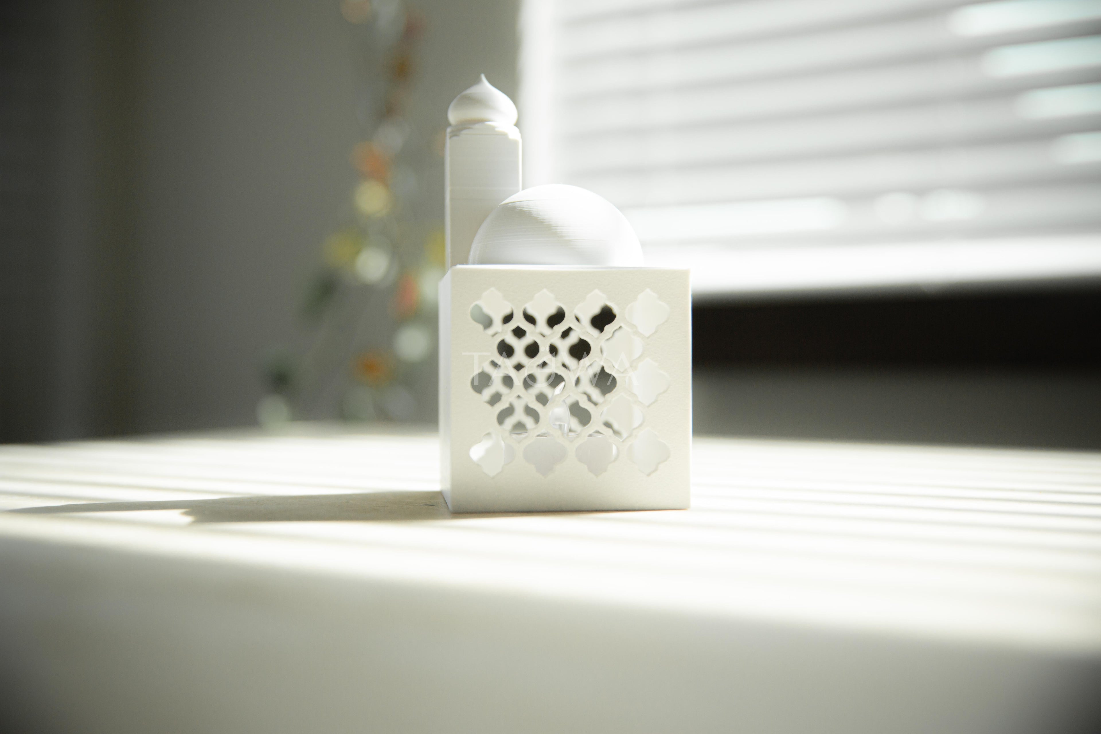 Trellis Oasis Lantern | Modern Mini Masjid Lantern with Dome and Minaret Lid | Ramadan Decor | Simplistic Islamic Home Decor | White & Gold