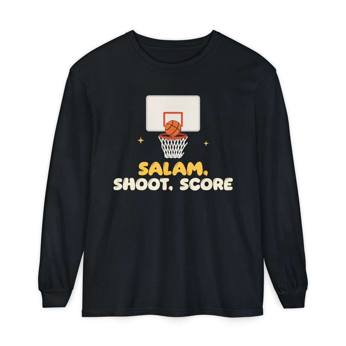Salam, Shoot, Score Muslim Long Sleeve Shirt | Muslim Kids Basketball Salam Shoot Score Hoop And Net | AdabStars Islamic Kids Apparel