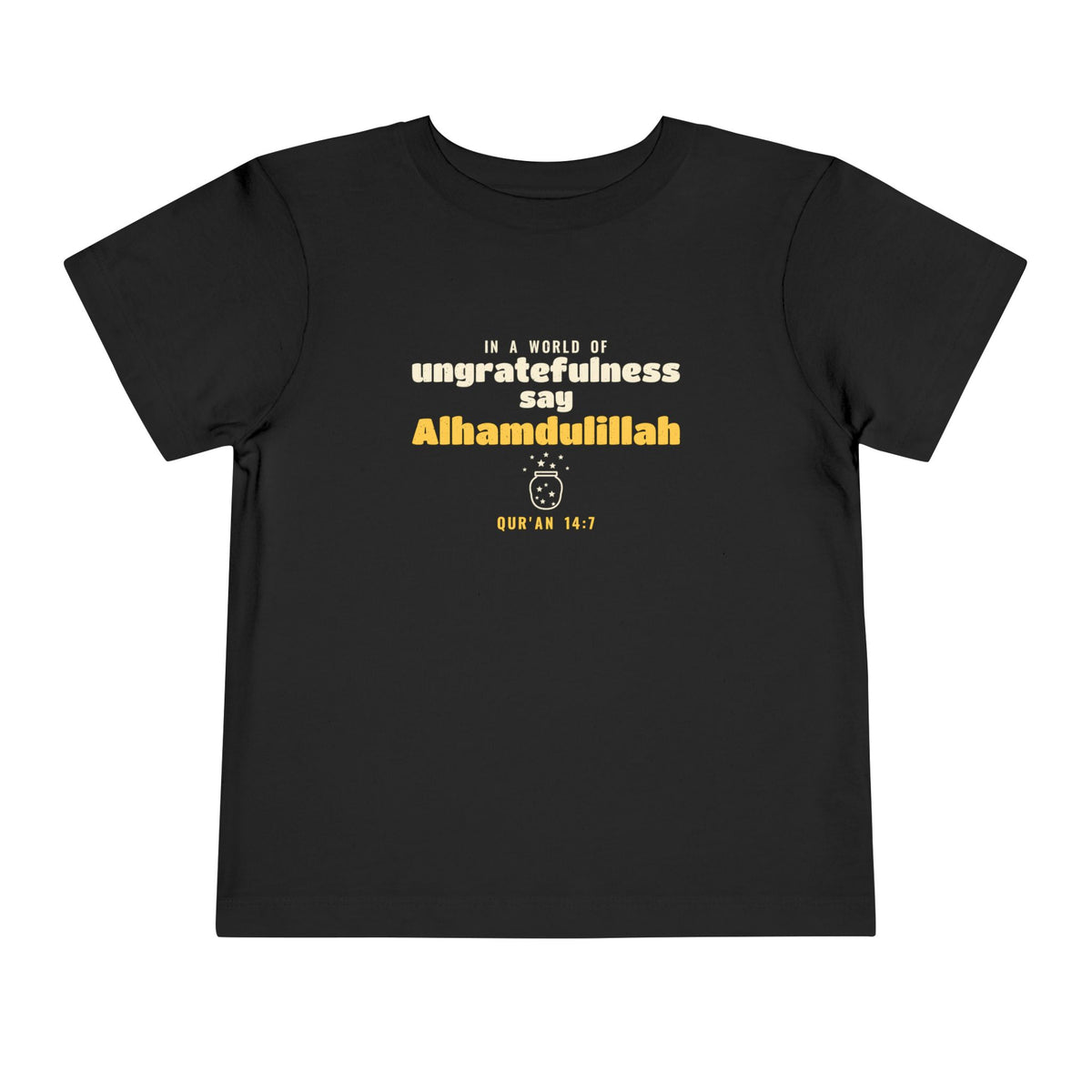 Say Alhamdulillah Toddler T-Shirt in Black, front and back print – AdabStars