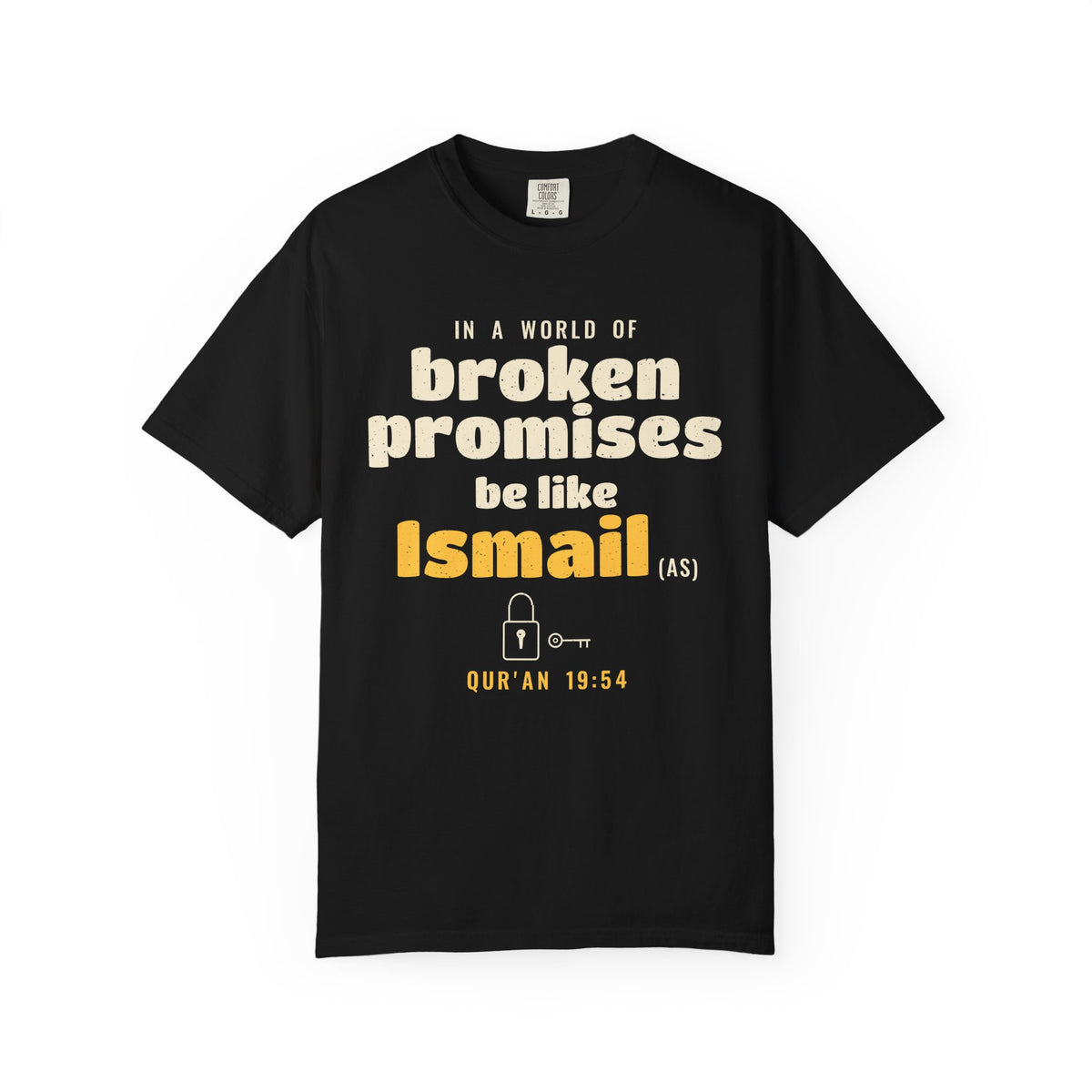 Be Like Ismail (AS) Heavyweight Tee | Prophet Ismail (Ishmael) Keeping Promises Story, Qur'an 19:54-55 on the Back | AdabStars