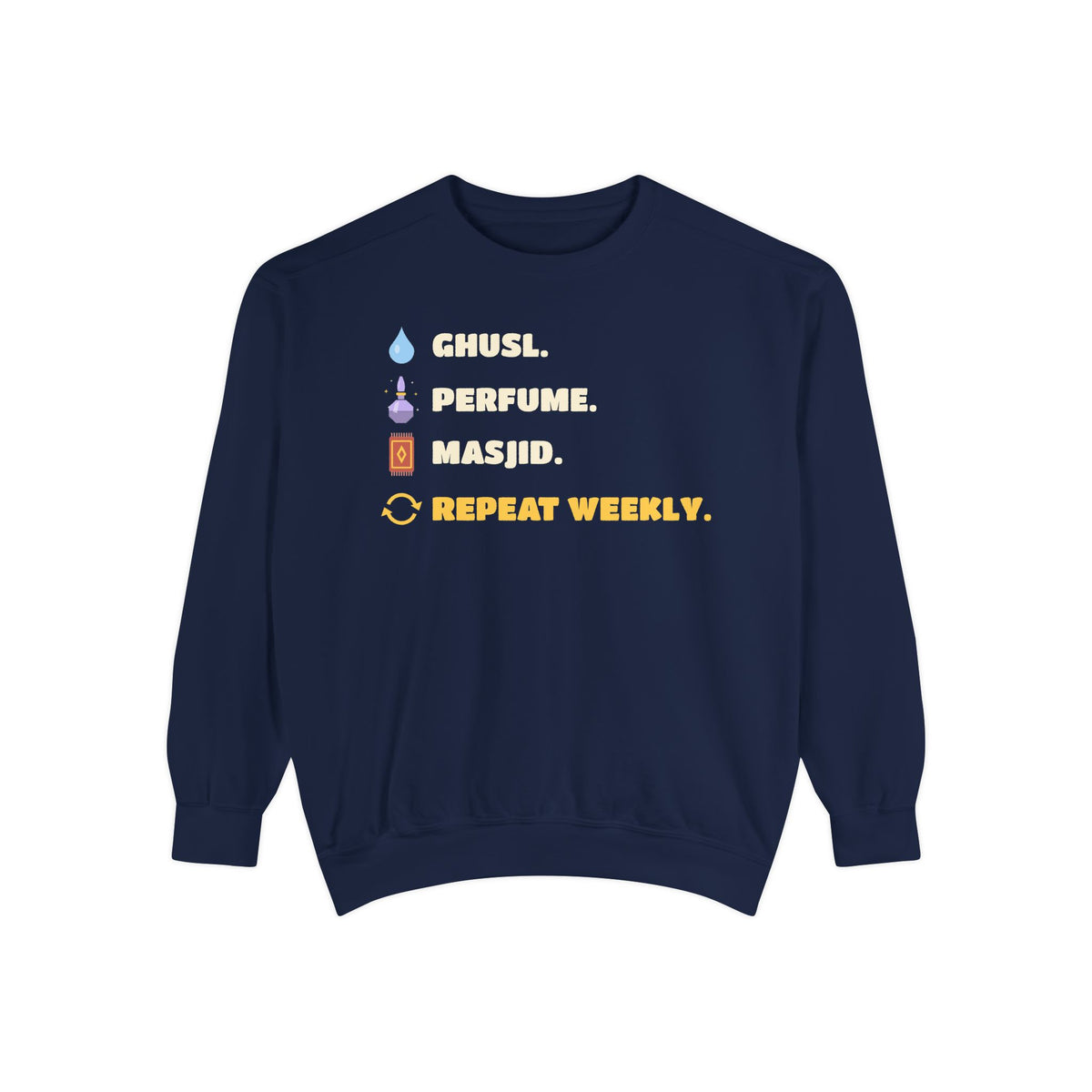 Ghusl Perfume Masjid Repeat Islamic Premium Sweatshirt in True Navy – AdabStars
