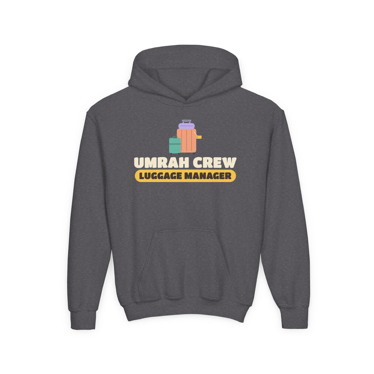 Umrah Crew Luggage Manager Islamic Kids Hoodie in Dark Heather – AdabStars