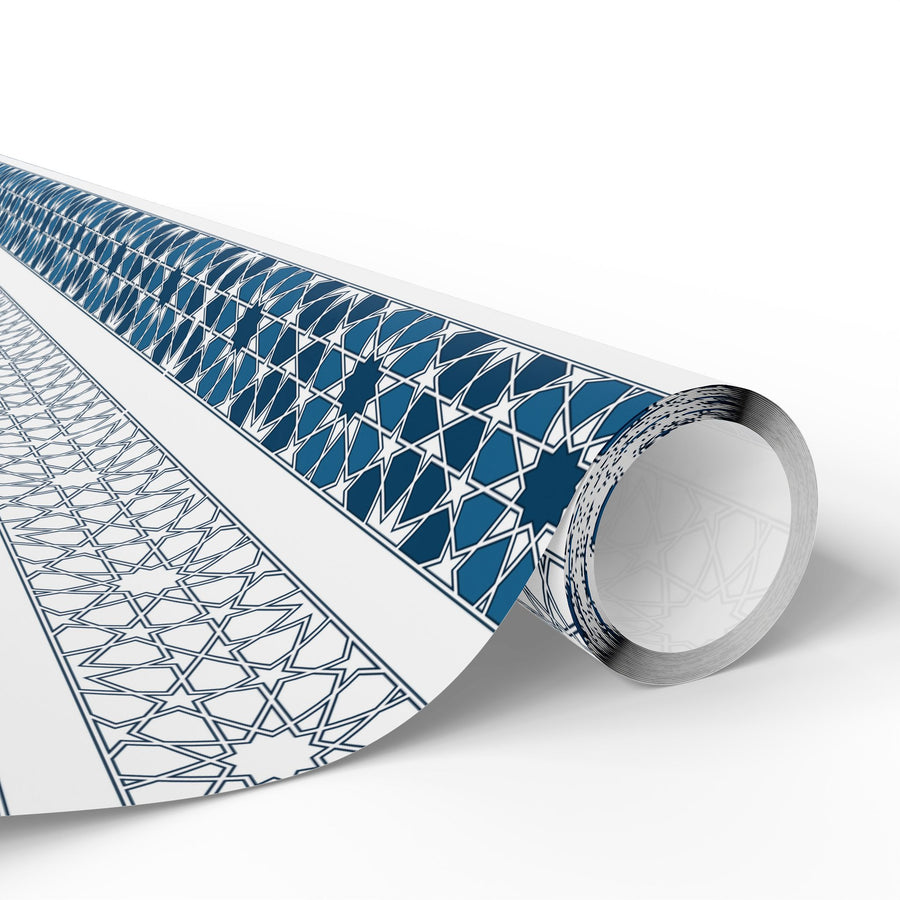 Islamic Geometric Border Wrapping Paper – Blue & White Arabesque Tile Pattern for Eid, Ramadan, & Special Occasions