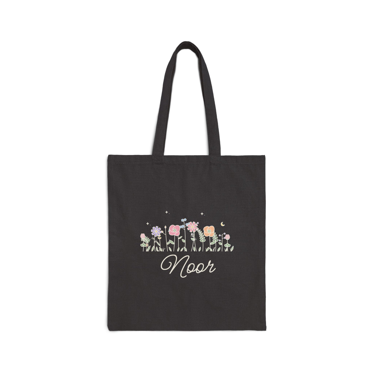 Noor Meadow Flowers Canvas Tote Bag in Black, double-sided print – AdabStars
